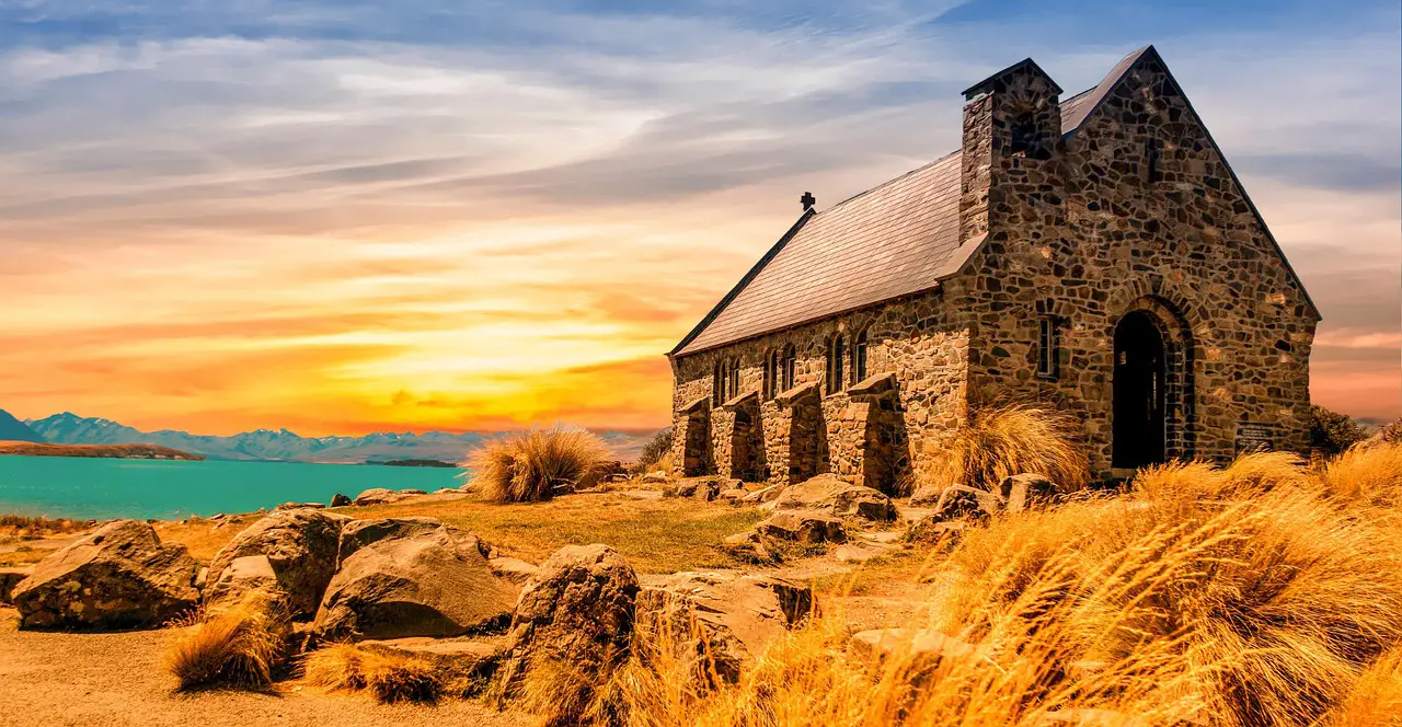 church lake nature building architecture stoneworks masonry facade exterior sacral architecture landscape old history historical religious lake tekapo