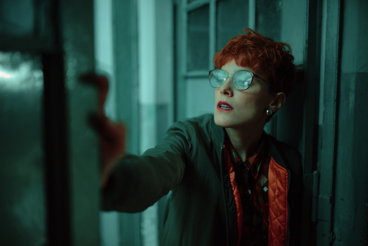 dark fear terror factory red woman glasses jacket girl door fear fear fear fear fear door door