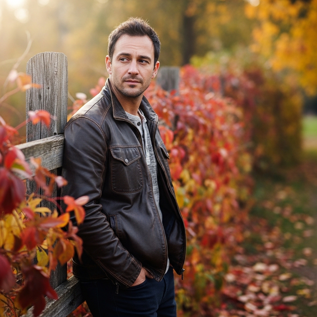 7. Brown Leather Jacket with Casual Shirt