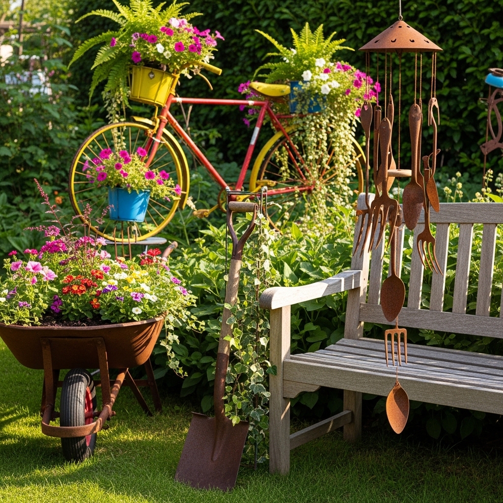 16. Create Unique Garden Decor from Old Tools