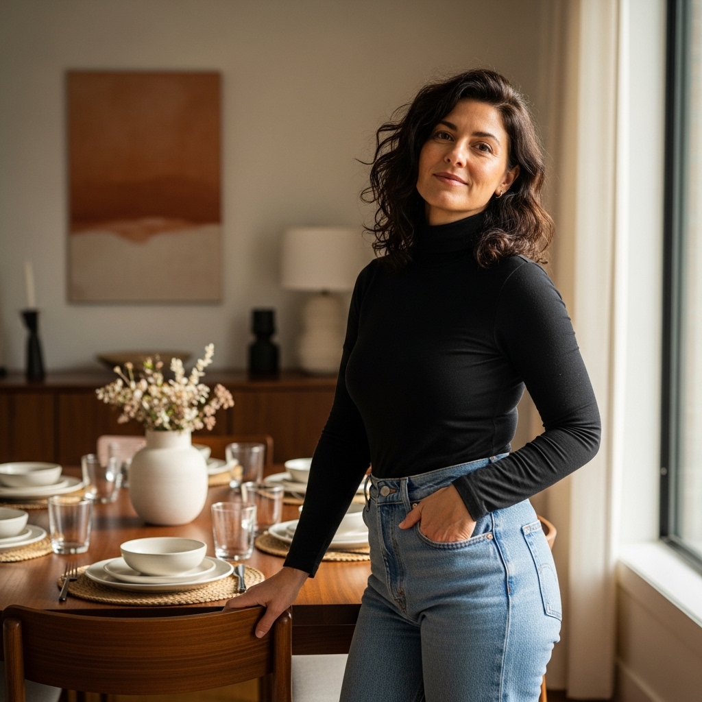 4. Turtleneck and High-Waisted Jeans