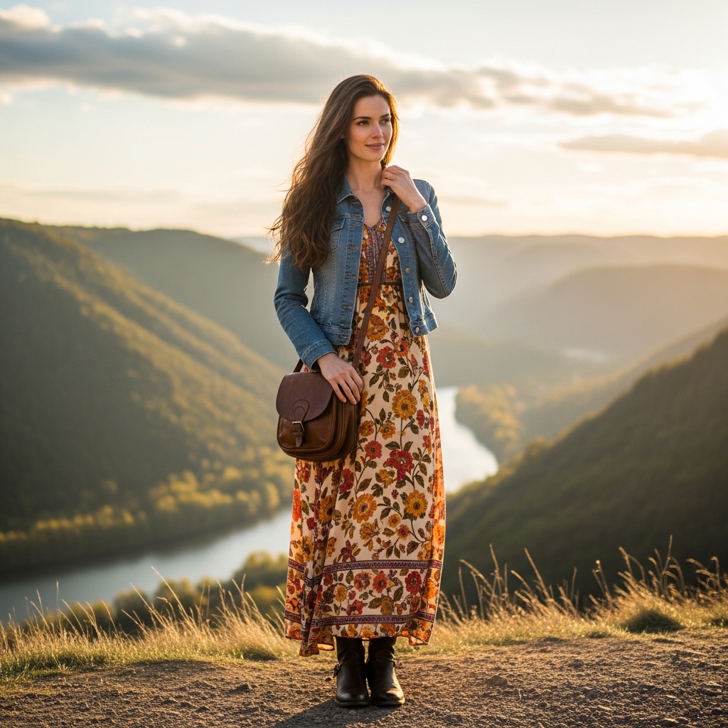 8. Denim Jacket Over a Maxi Dress