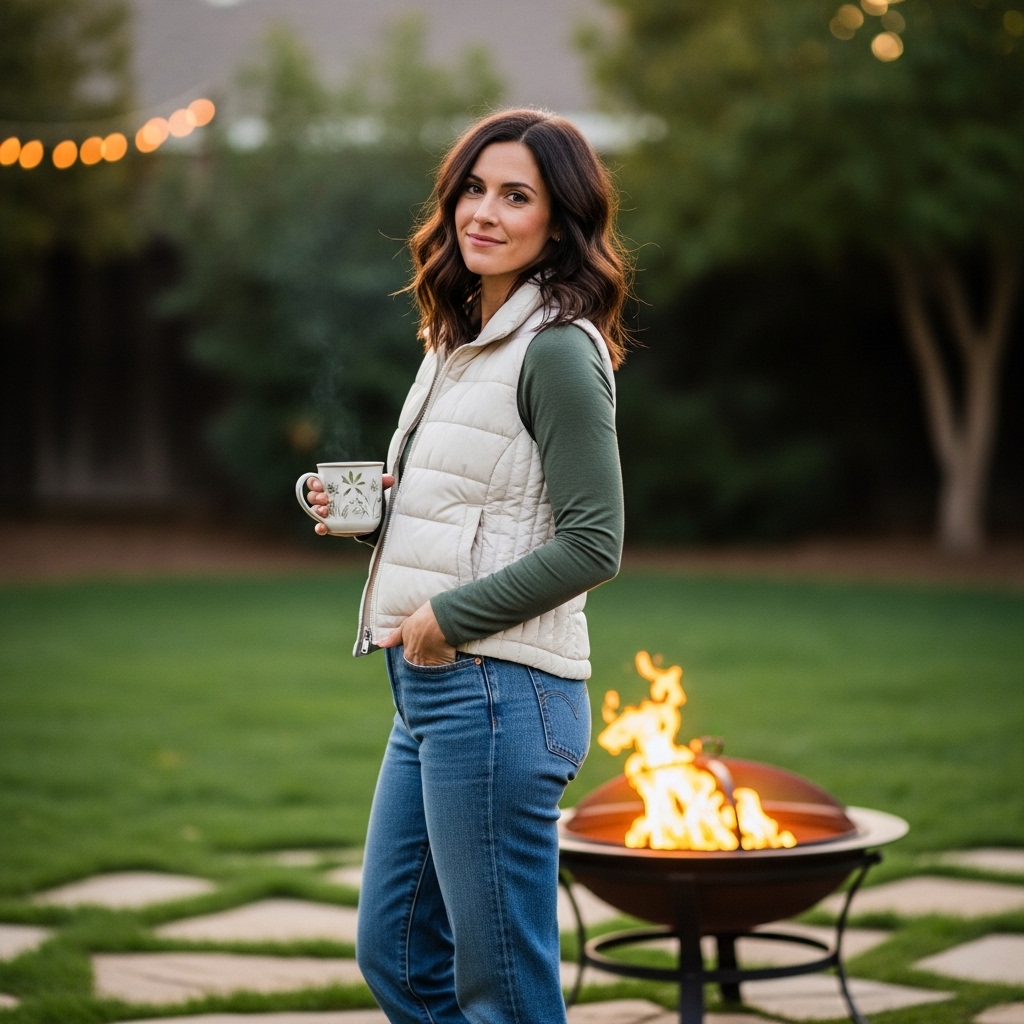 8. Puffer Vest and Straight-Leg Jeans