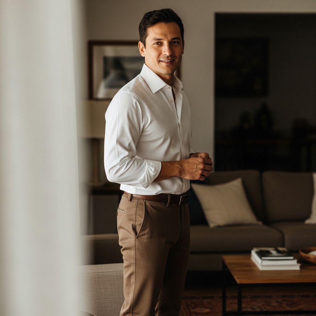 1. Classic Brown Chinos and White Shirt