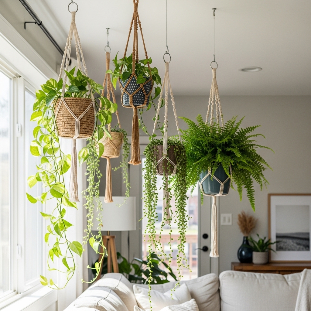 7. Ceiling Hooks with Hanging Baskets
