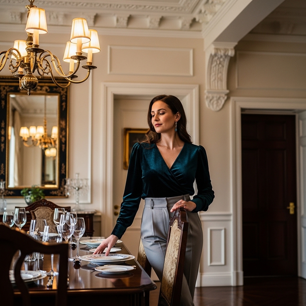 7. Velvet Top and High-Waisted Trousers