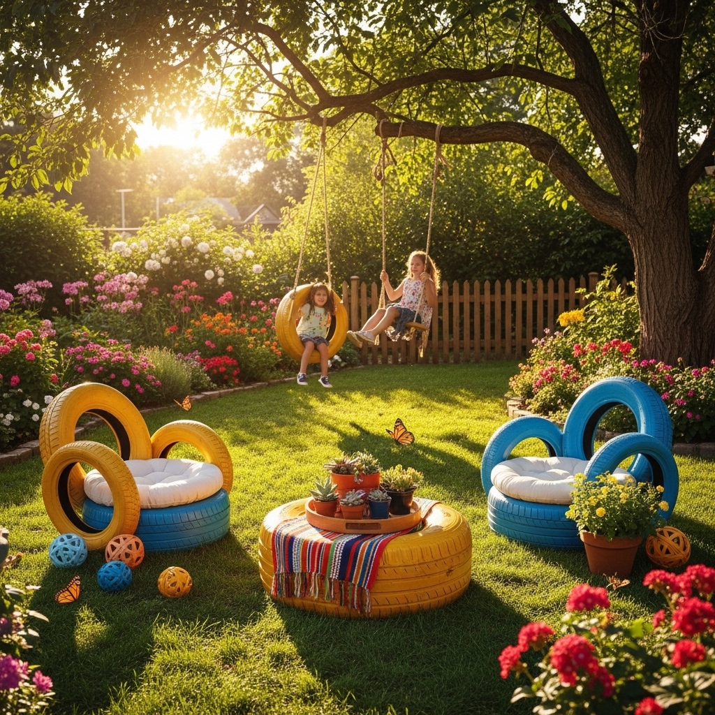 21. Upcycle Old Tires into Garden Furniture