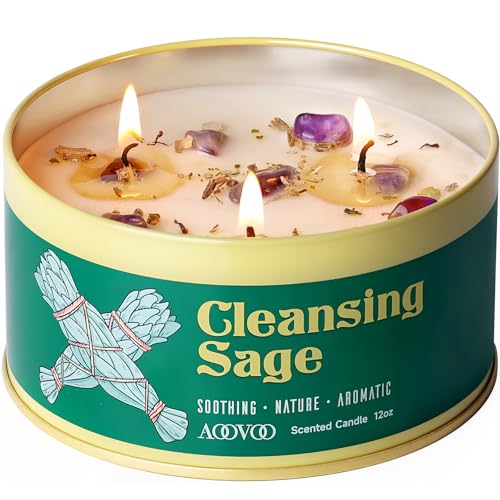 AOOVOO Sage Candle for Cleansing - 3 Wick 12oz Large Scented Candle with Crystals & Sage Leaves Inside, Soy Candles Non Toxic for Meditation Spiritual Gift, Aromatherapy Candle for Women Men