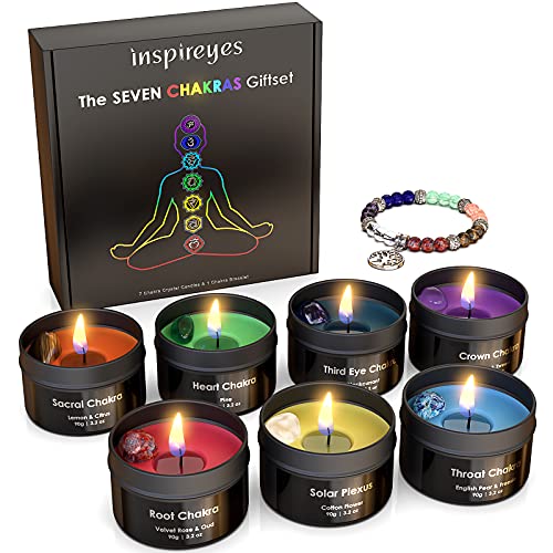 Inspireyes Chakra Candles with Healing Crystals for Meditation, Soy Wax